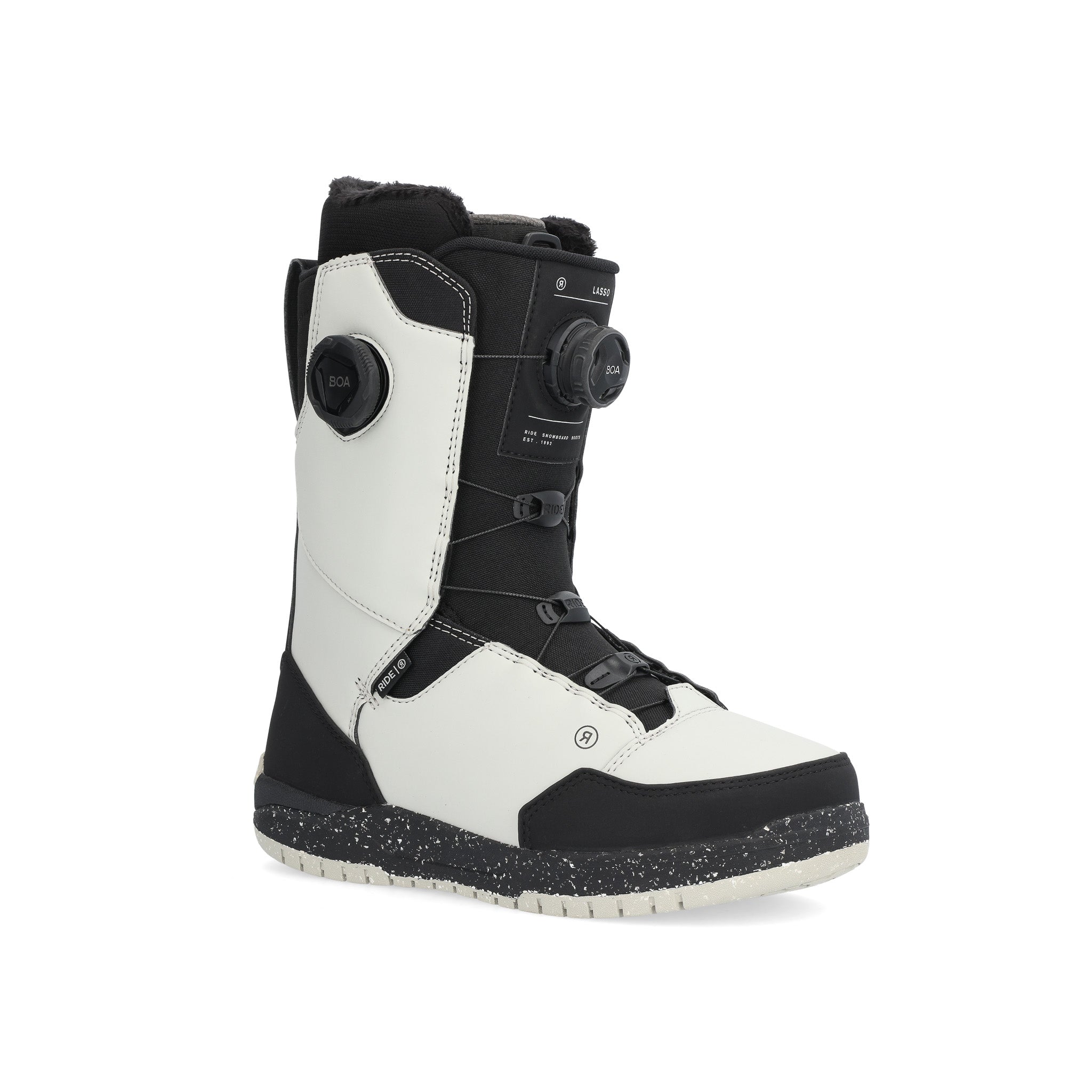 Ride Lasso Snowboard Boot 2025 - A black and white snowboard boot with a textured sole and laces.