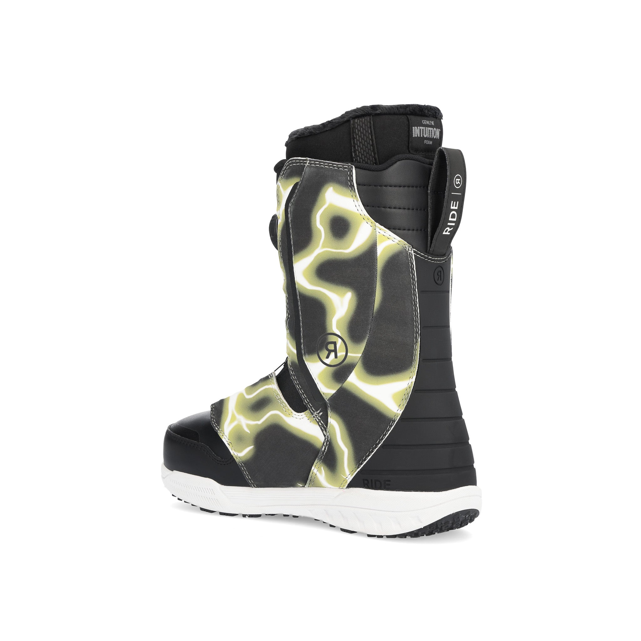 Ride Lasso Pro Snowboard Boot 2025 - A black snowboard boot with a white and grey abstract pattern on the side, featuring a strap closure system.