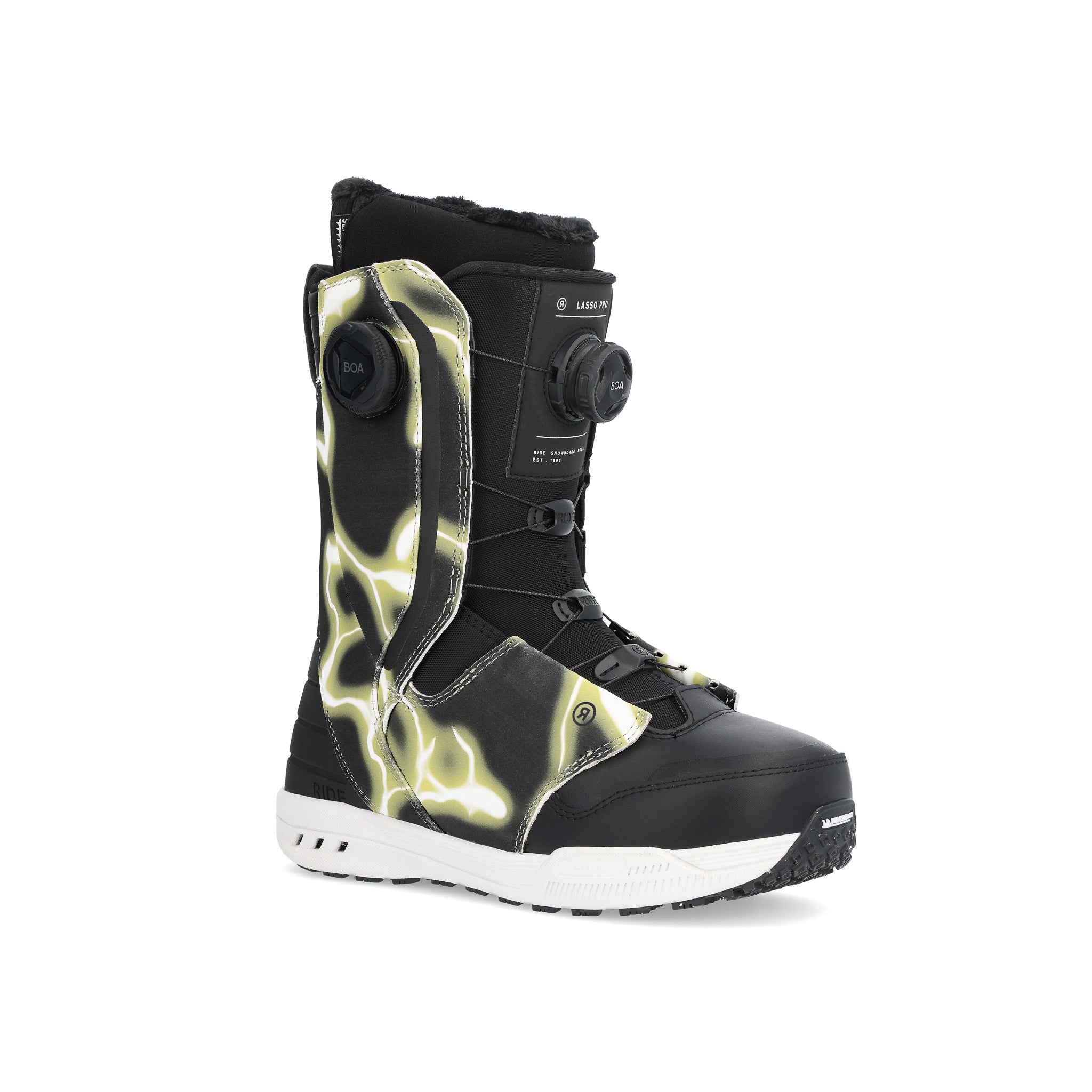 Ride Lasso Pro Snowboard Boot 2025 - A black snowboard boot with a white and yellow lightning bolt pattern on the side.
