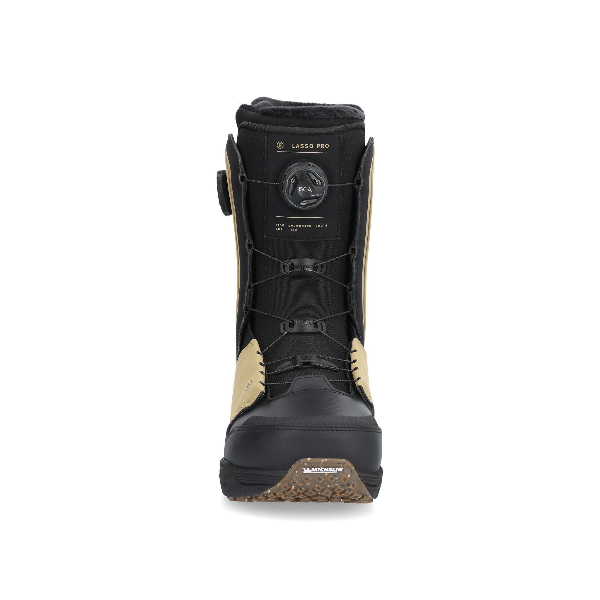 Ride Lasso Pro Snowboard Boot 2025 - Black snowboard boots with a textured rubber toe cap and silver buckles.