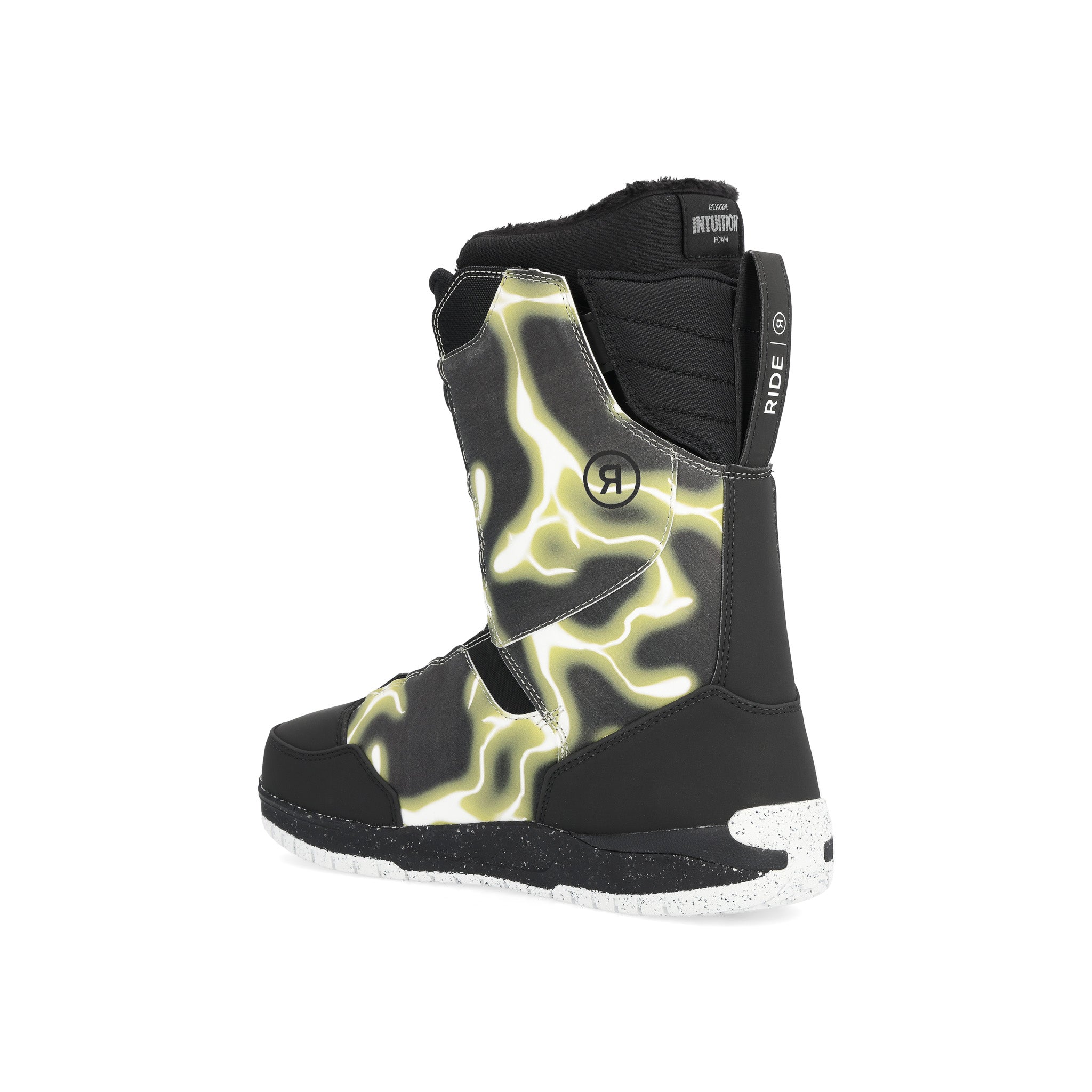 Ride Lasso Snowboard Boot 2025 - A black snowboard boot with a white and yellow abstract pattern on the side, featuring a strap closure system.