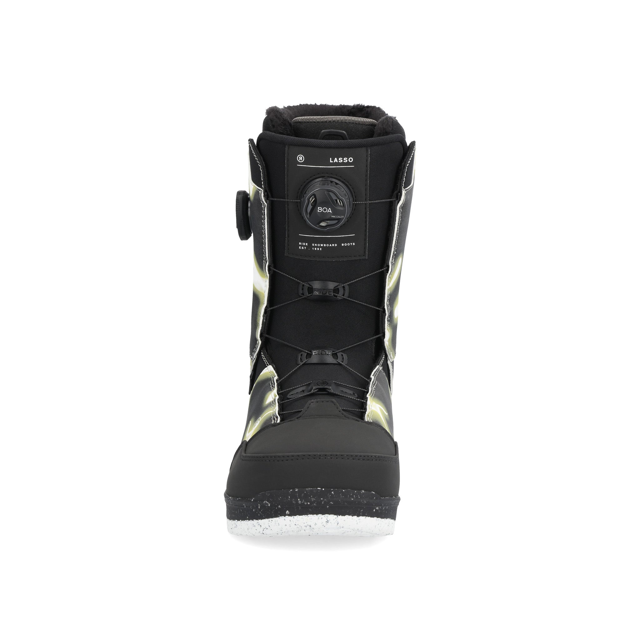 Ride Lasso Snowboard Boot 2025 - Black snowboard boot with a black strap and white laces.