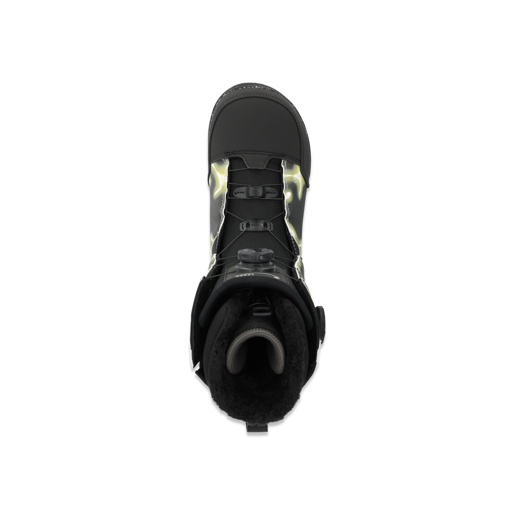 Ride Lasso Snowboard Boot 2025 - Black snowboard boots with a reflective silver logo on the side and black laces.
