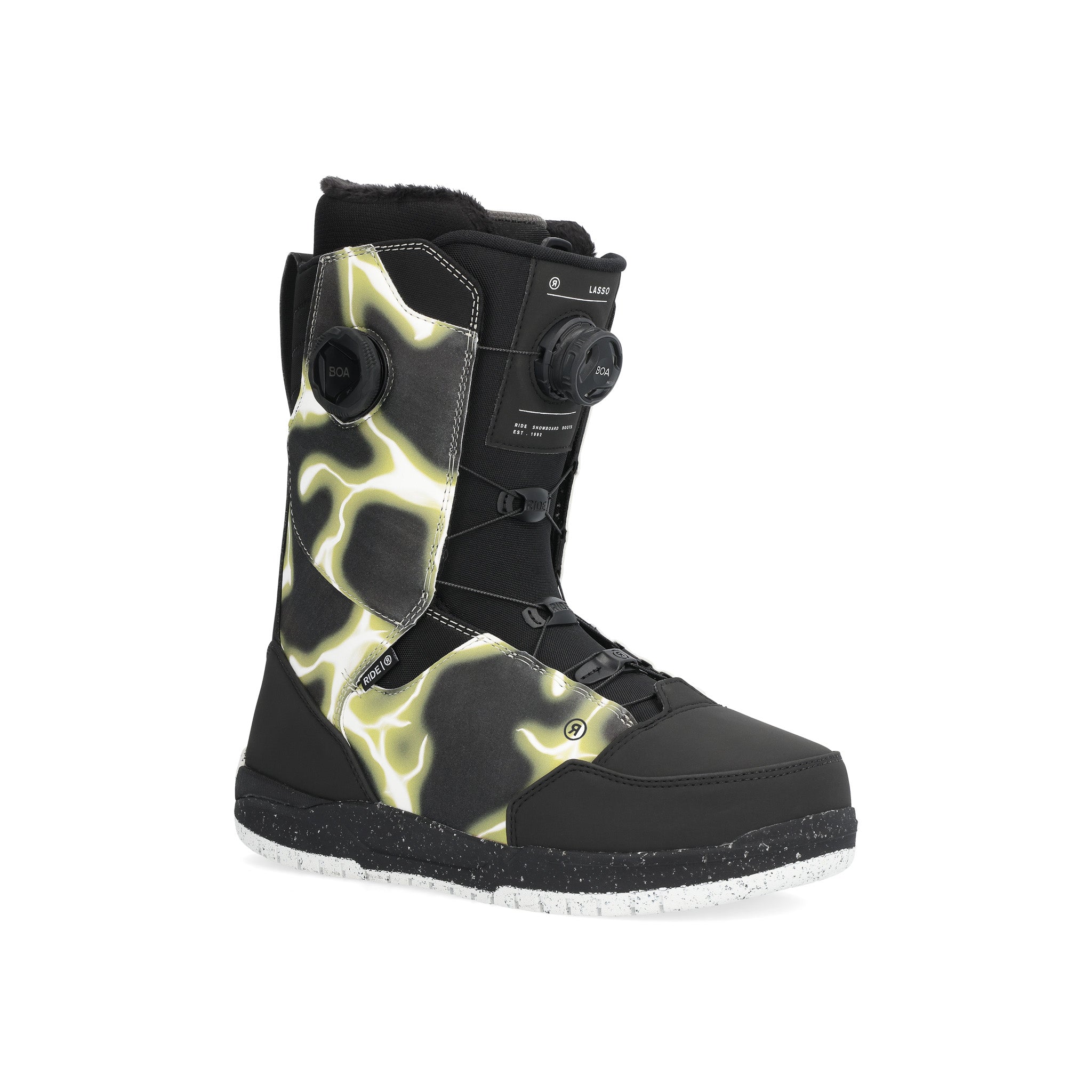 Ride Lasso Snowboard Boot 2025 - Black snowboard boots with a white and yellow abstract pattern on the side.