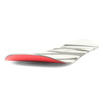 Ride Junior's Lowride Snowboard 2025 - A white snowboard with a red base and black stripes, lying on its side.
