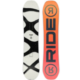 Ride Junior's Lowride Snowboard 2025 - A black snowboard with a white logo and text on top of a gray background.