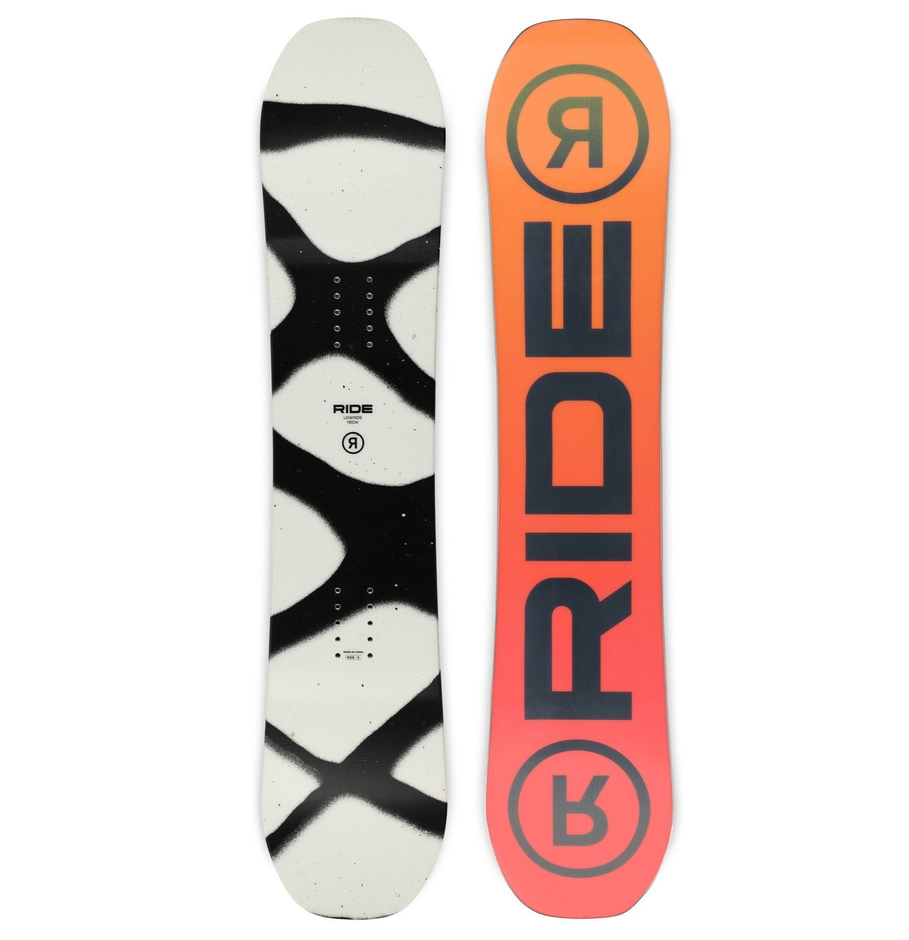 Ride Junior's Lowride Snowboard 2025 - A black snowboard with a white logo and text on top of a gray background.