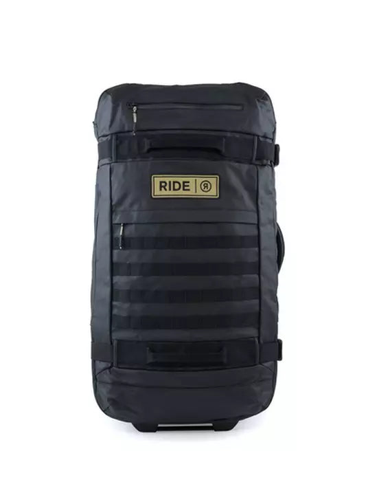 Ride Luggage Roller Snowboard Bag 2025 - A black roller bag with a handle on top and wheels at the bottom, featuring a zippered pocket on the front.