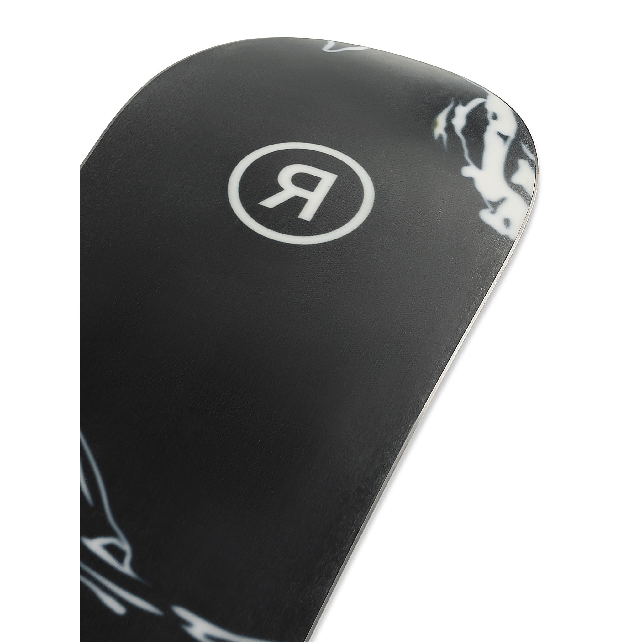 Ride Women's Magic Stick Snowboard 2025 - A black snowboard with a white logo featuring a stylized "R" in a circle, and a white graphic of a woman riding on the top right corner.