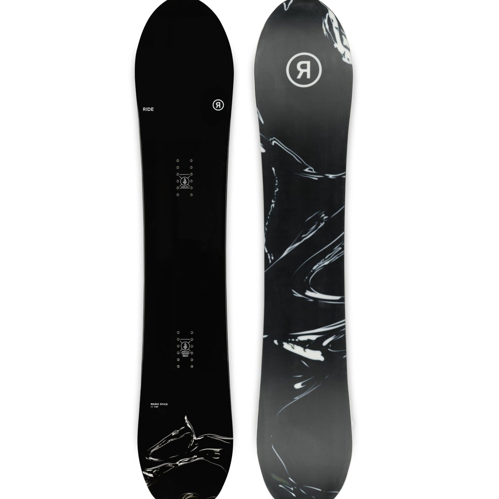 Ride Women's Magic Stick Snowboard 2025 - Black snowboard with white logo and text on top, black bindings, and a glossy finish.