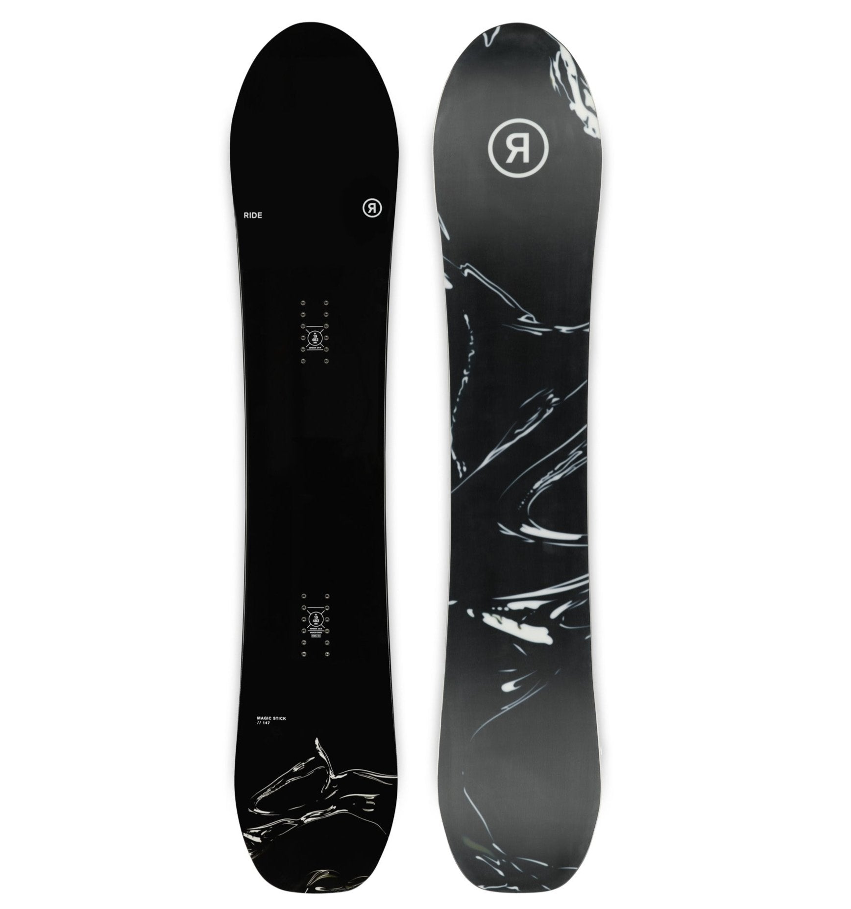 Ride Women's Magic Stick Snowboard 2025 - Black snowboard with white logo and text on top, black bindings, and a glossy finish.