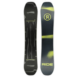 Ride Manic Snowboard 2025 - A black snowboard with a yellow logo featuring a stylized "R" in a circle, and a pattern of abstract shapes resembling paint splatters or brushstrokes.