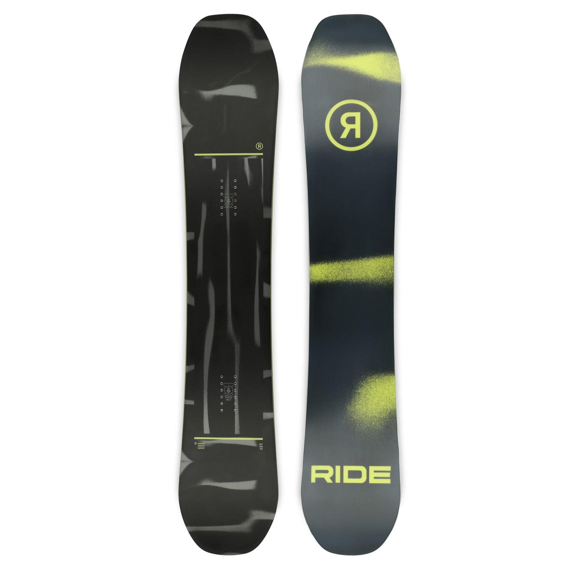 Ride Manic Snowboard 2025 - A black snowboard with a yellow logo featuring a stylized "R" in a circle, and a pattern of abstract shapes resembling paint splatters or brushstrokes.