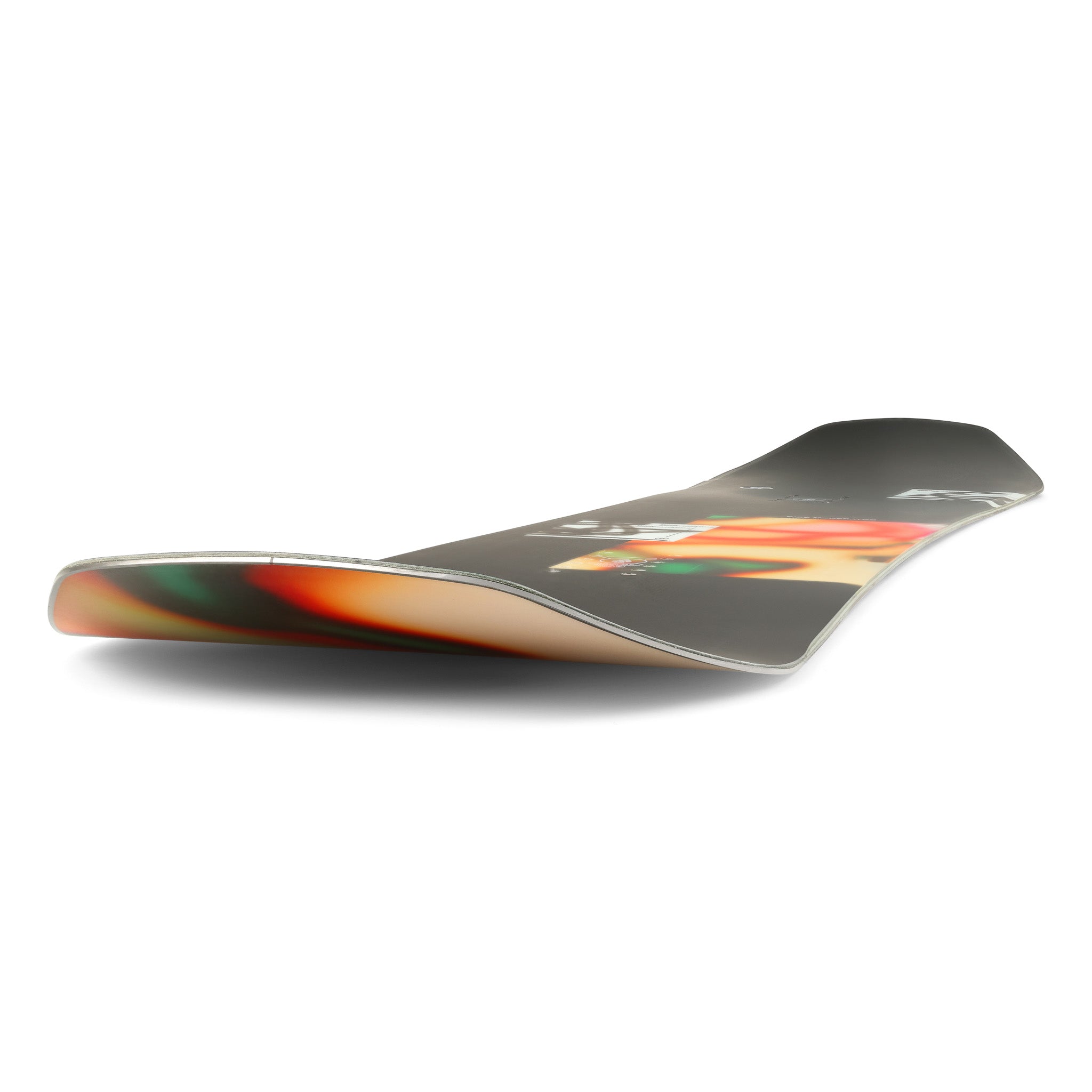 Ride Moderator Snowboard 2025 - A black snowboard with a red, green, and yellow abstract design on top of it.