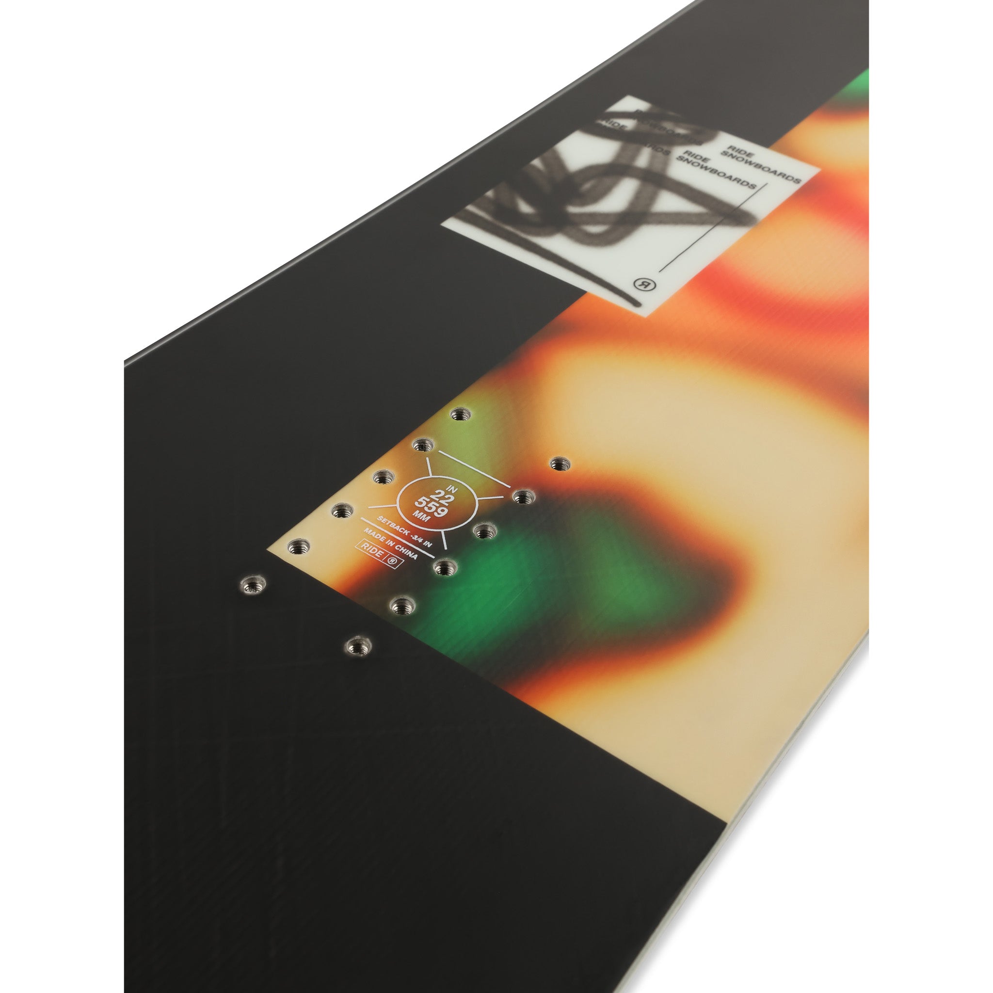 Ride Moderator Snowboard 2025 - A black snowboard with a white sticker on top featuring a black squiggly line design.