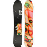 Ride Moderator Snowboard 2025 - A black snowboard with a white logo featuring a stylized "R" and illegible text, set against a blurred background of red, green, orange, and yellow shapes.