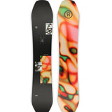 Ride Moderator Snowboard 2025 - A black snowboard with a white logo featuring a stylized "R" and illegible text, set against a blurred background of red, green, orange, and yellow shapes.