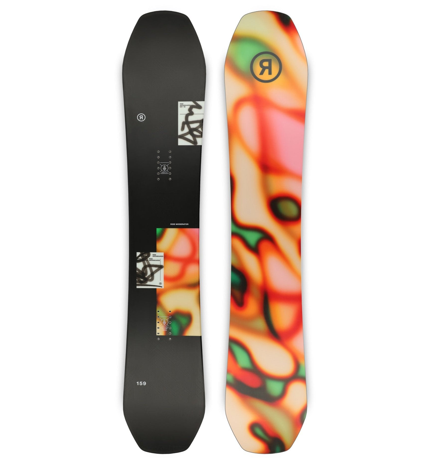 Ride Moderator Snowboard 2025 - A black snowboard with a white logo featuring a stylized "R" and illegible text, set against a blurred background of red, green, orange, and yellow shapes.