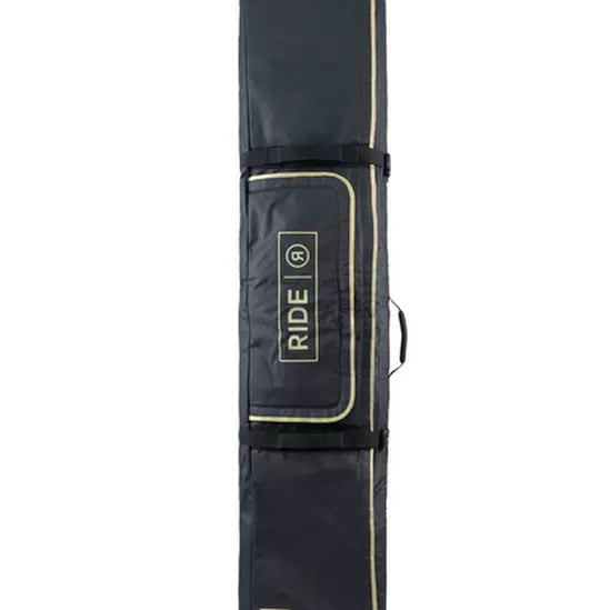Ride The Perfect Snowboard Bag 2025 - A black snowboard bag with a white logo on the front and two handles at the top.