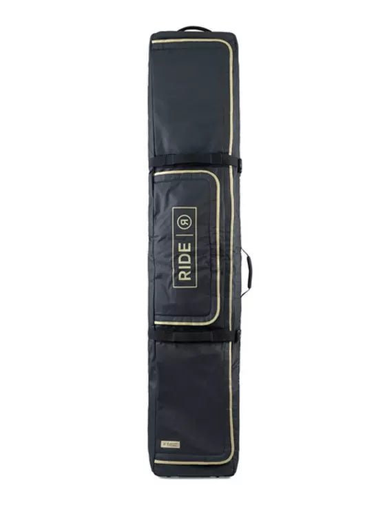 Ride The Perfect Snowboard Bag 2025 - A black snowboard bag with a white logo on the front and two handles at the top.