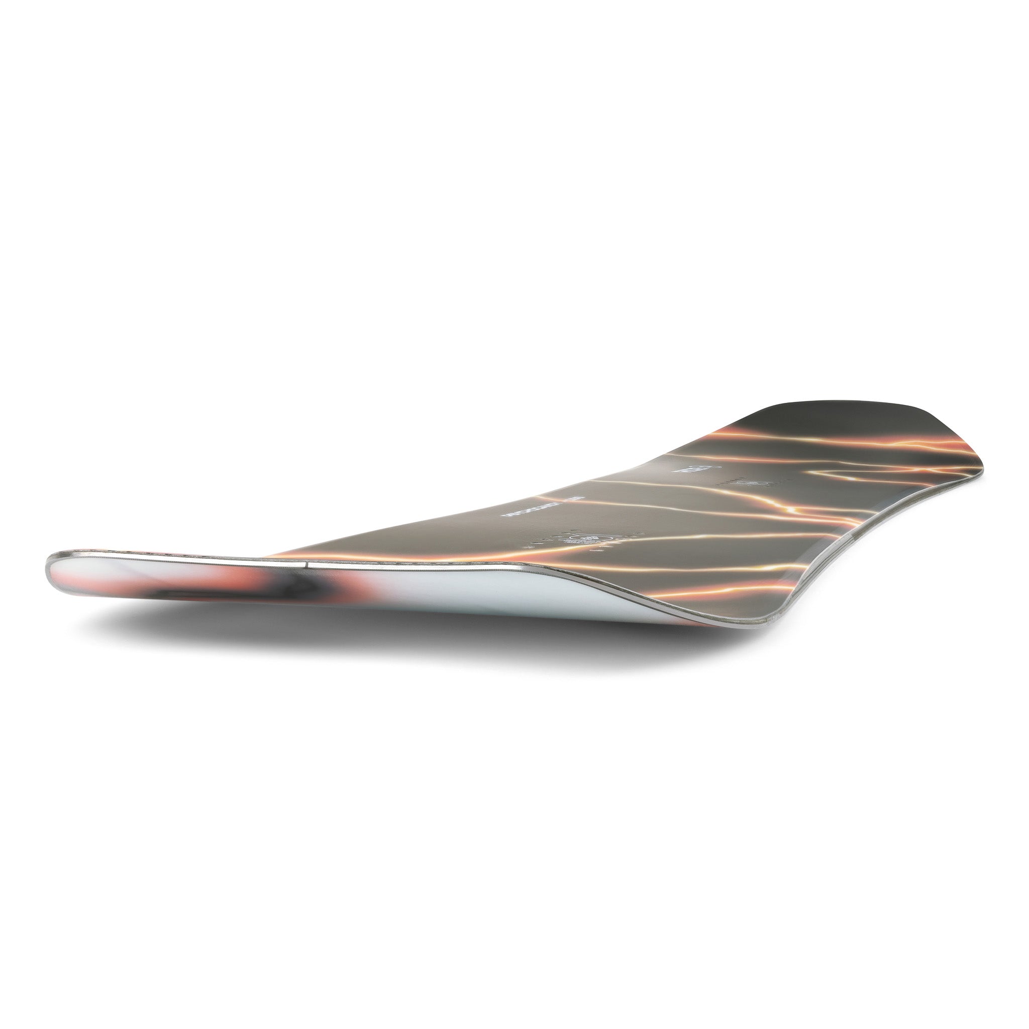 Ride Psychocandy Snowboard 2025 - A black snowboard with a red and white abstract design on top, featuring a wavy pattern of lines.