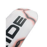 Ride Psychocandy Snowboard 2025 - A white snowboard with a pink and black marbled pattern on its top surface.