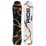 Ride Psychocandy Snowboard 2025 - A black snowboard with yellow and orange lightning bolt-like lines on a dark background.