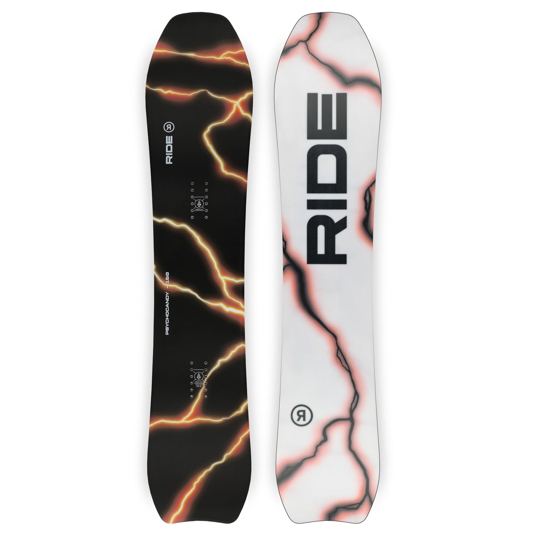 Ride Psychocandy Snowboard 2025 - A black snowboard with yellow and orange lightning bolt-like lines on a dark background.