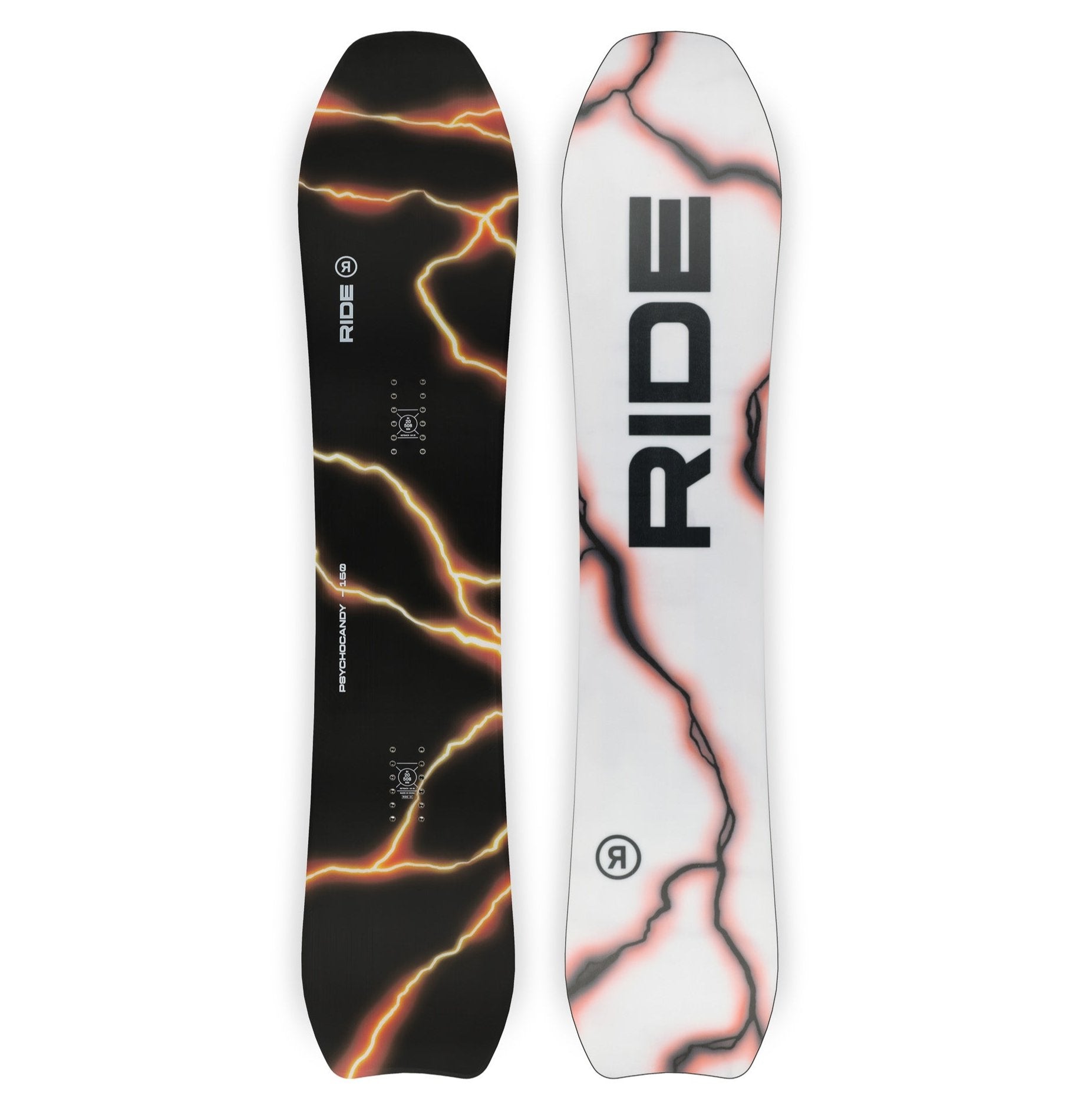 Ride Psychocandy Snowboard 2025 - A black snowboard with yellow and orange lightning bolt-like lines on a dark background.