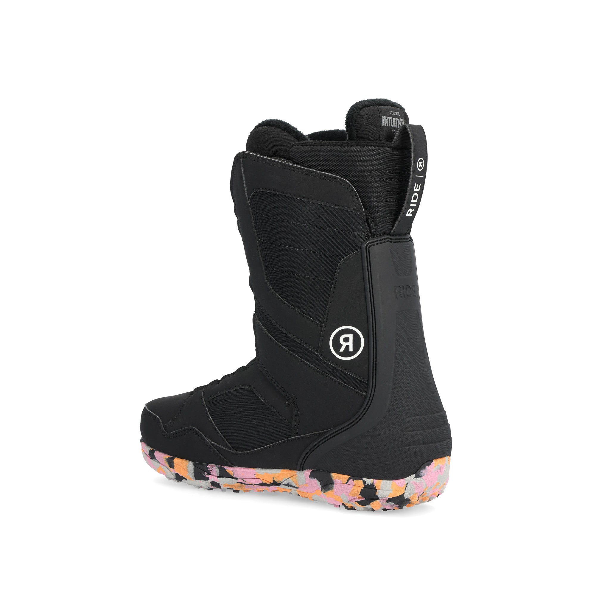 Ride Women's Sage Snowboard Boot 2025 - A black snowboard boot with a white logo featuring a stylized "R" and "Sage" in lowercase letters on the side.
