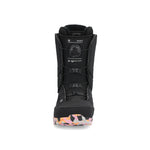 Ride Women's Sage Snowboard Boot 2025 - A black snowboard boot with a circular logo on the side and a pink, orange, and grey patterned sole.