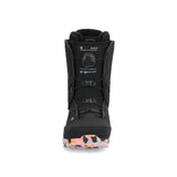 Ride Women's Sage Snowboard Boot 2025 - A black snowboard boot with a circular logo on the side and a pink, orange, and grey patterned sole.