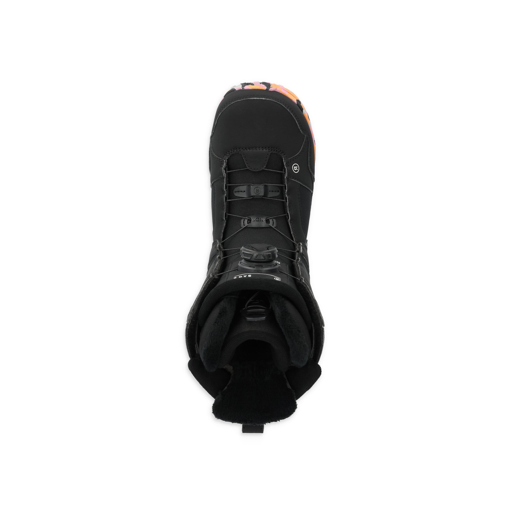 Ride Women's Sage Snowboard Boot 2025 - A black snowboard boot with a subtle pink and orange pattern on the toe cap.