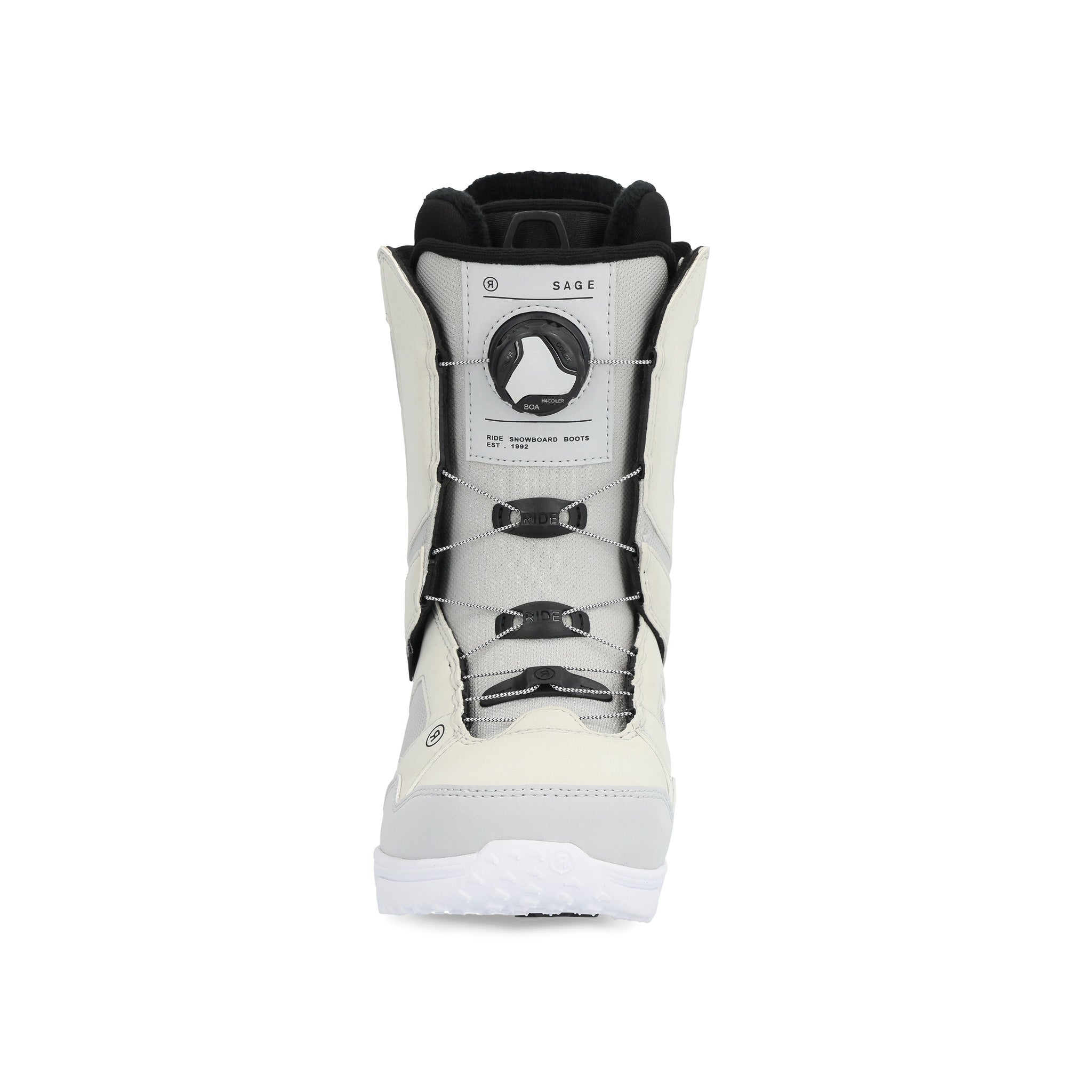 Ride Women's Sage Snowboard Boot 2025 - A white snowboard boot with a black strap and laces, featuring a circular logo on the side.