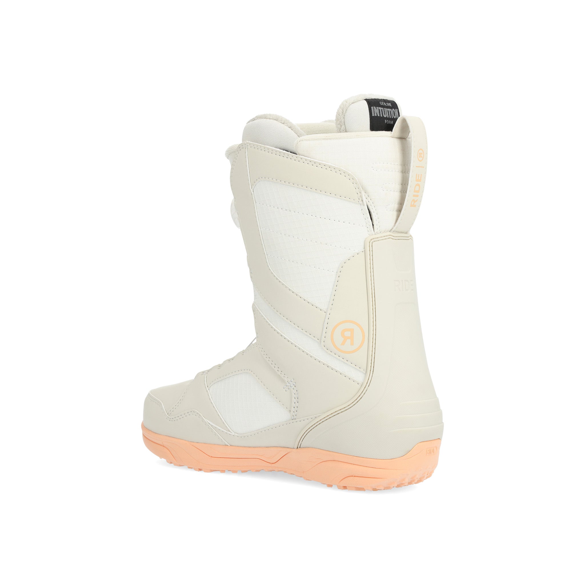 Ride Women's Sage Snowboard Boot 2025 - A white snowboard boot with a black strap and a peach-colored sole.