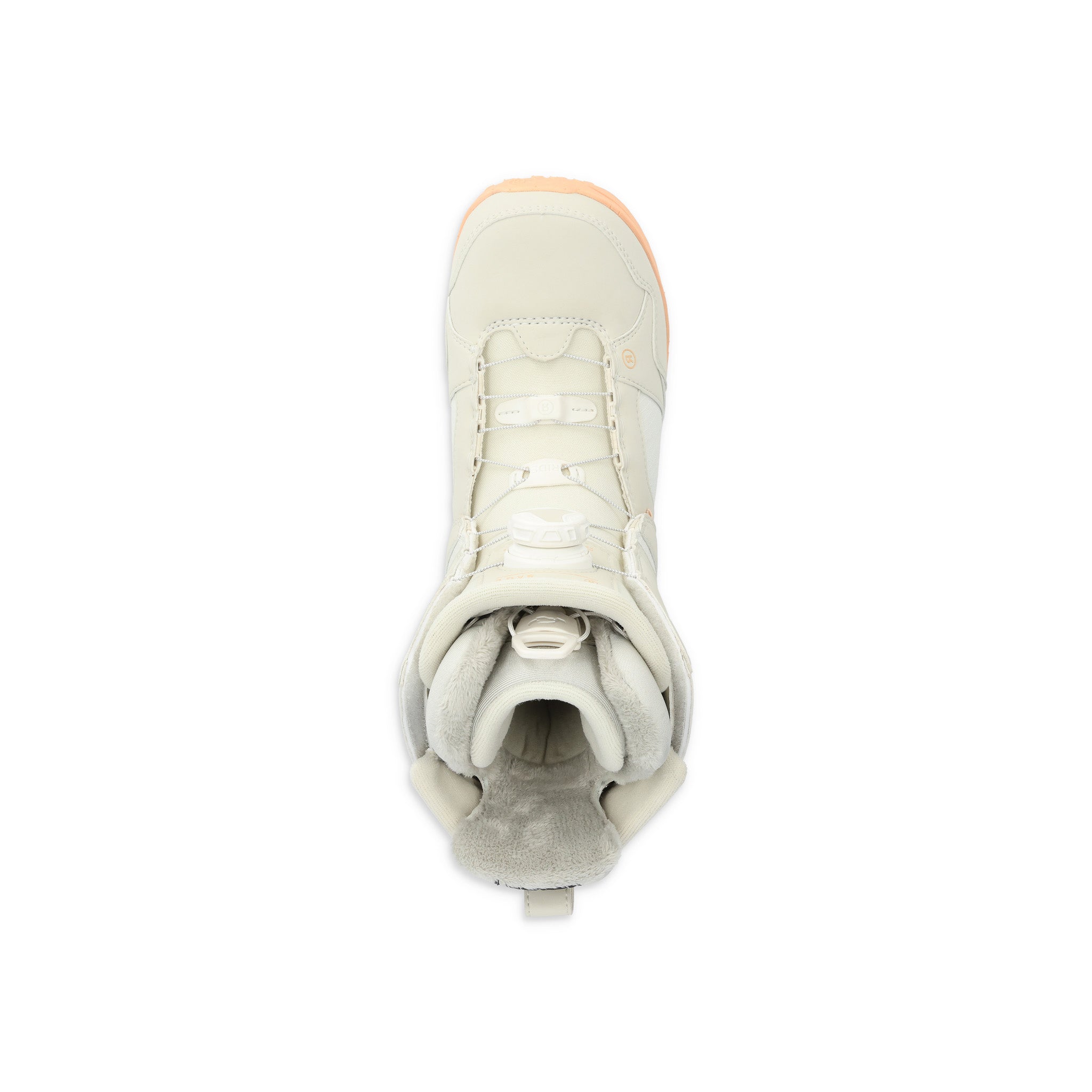 Ride Women's Sage Snowboard Boot 2025 - A cream-colored snowboard boot with a peach-colored stripe on the toe and laces.