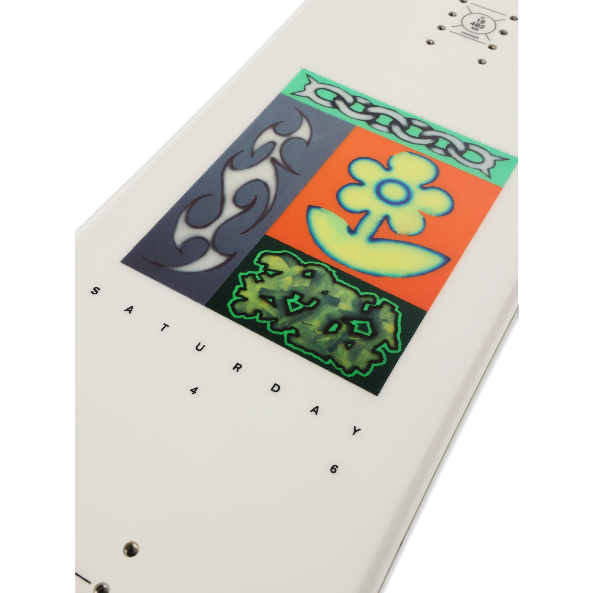 Ride Women's Saturday Snowboard 2025 - A white snowboard with a gray and green graphic featuring a stylized flower design on top of an orange background.