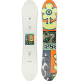 Ride Women's Saturday Snowboard 2025 - A white snowboard with a green and blue logo on top of an orange background.