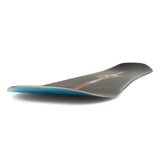 Ride Shadowban Snowboard 2025 - A black snowboard with a red and white logo on top, featuring a blue underside.