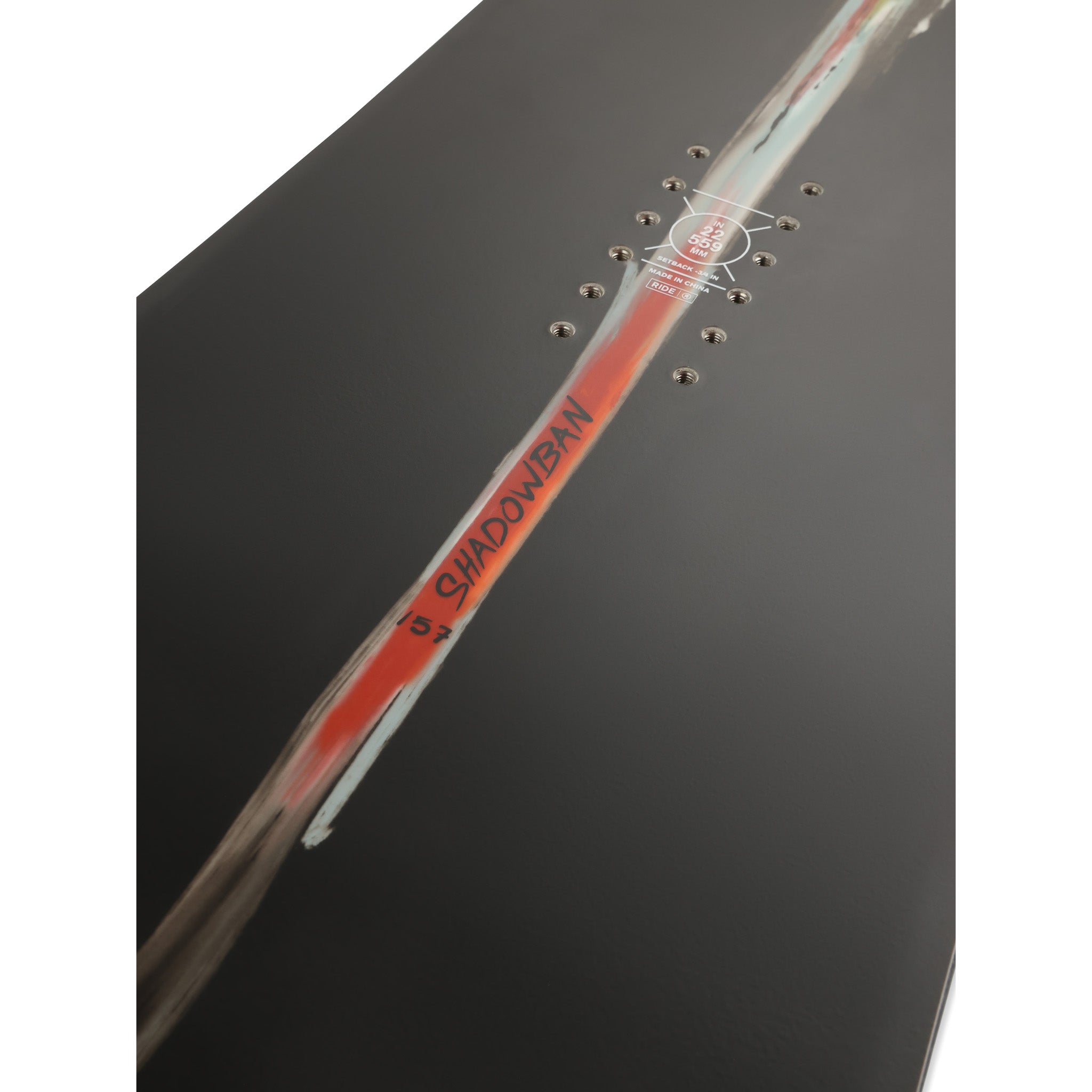 Ride Shadowban Snowboard 2025 - Black snowboard with white logo on top and bottom edges.