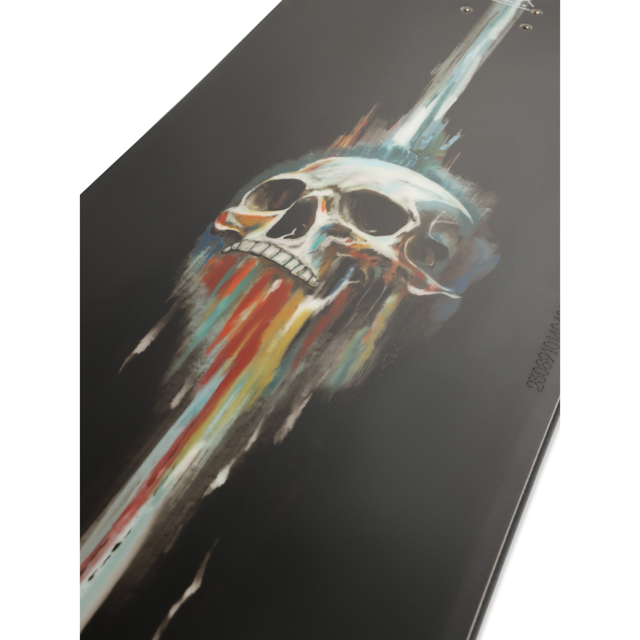 Ride Shadowban Snowboard 2025 - Black snowboard with white logo on top left corner of bindings.