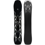 Ride Smokescreen Snowboard 2025 - A black snowboard with a white flame design on top and bottom, featuring a circular logo with "R" in white at the nose.