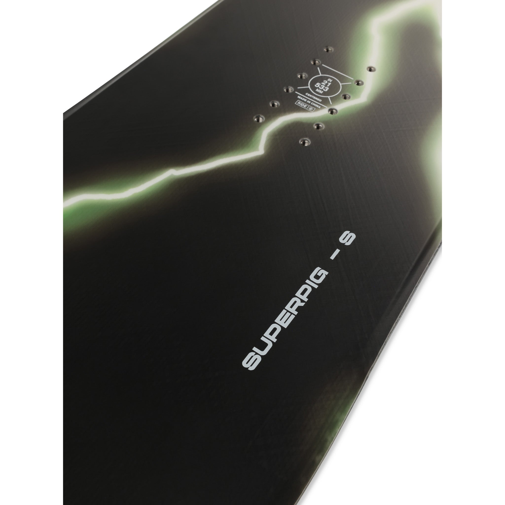 Ride Superpig Snowboard 2025 - A black snowboard with a green lightning bolt design on its top surface.