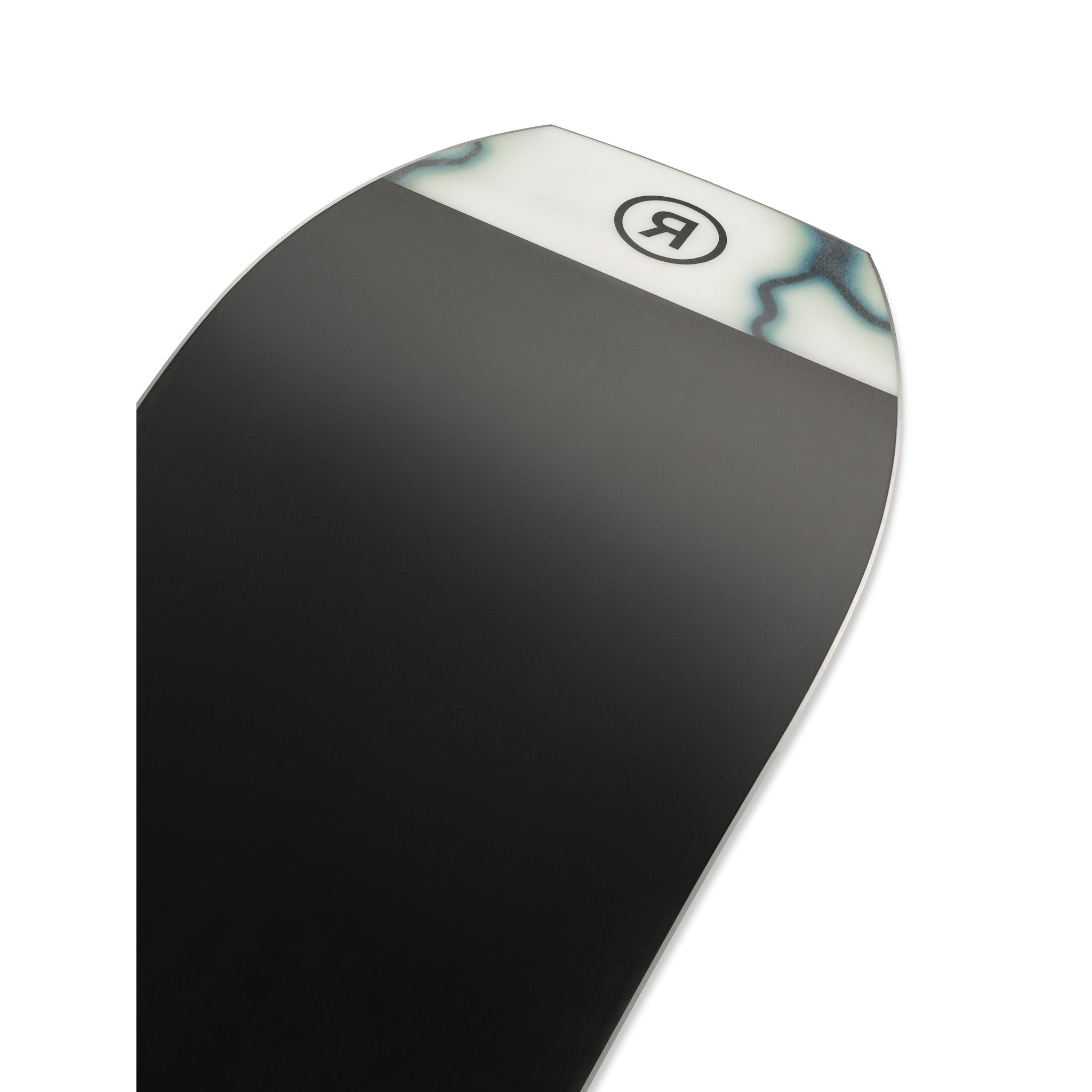 Ride Superpig Snowboard 2025 - A black snowboard with a white and blue marbled pattern on its top edge.
