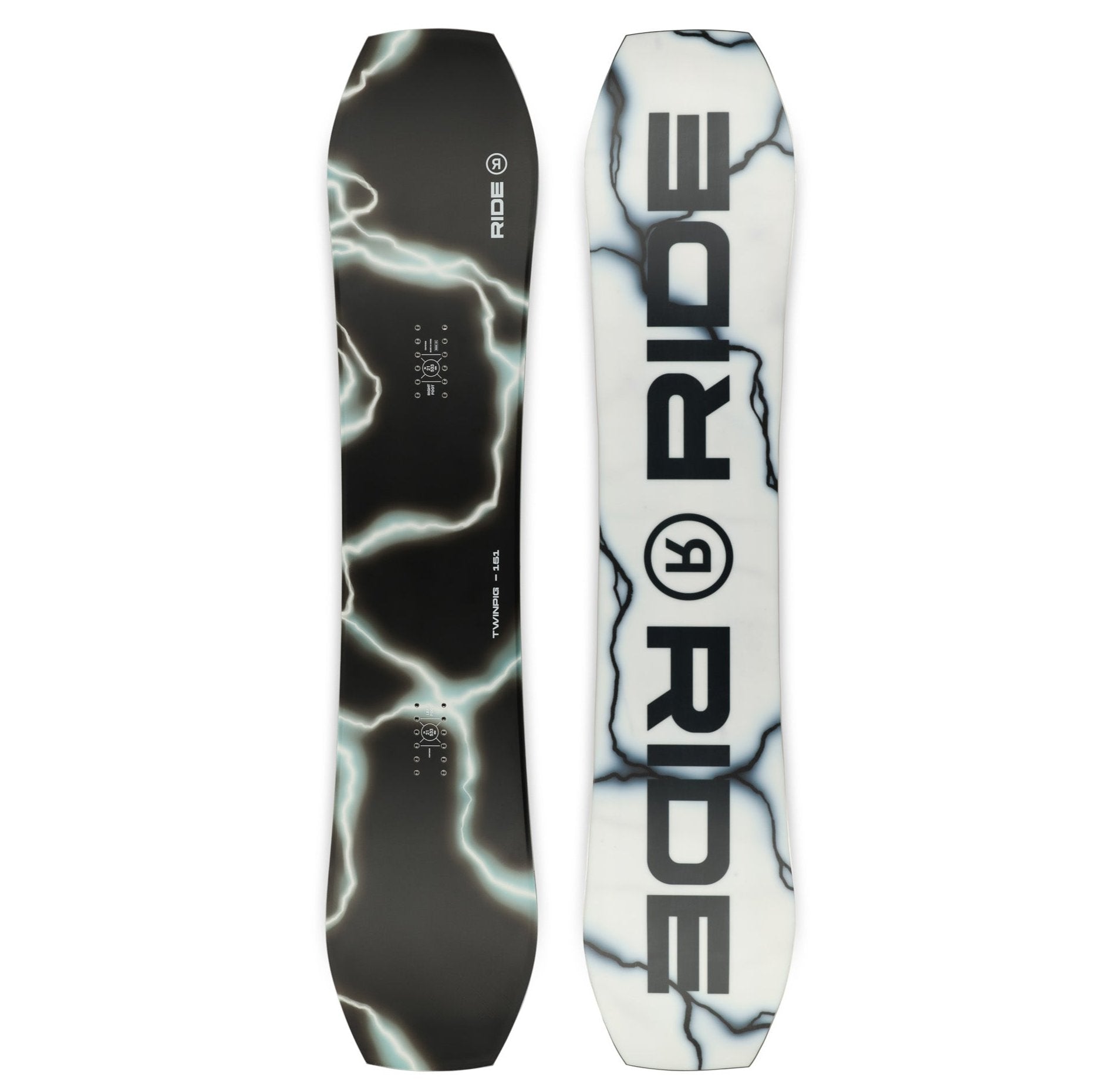 Ride Twinpig Snowboard 2025 - A black snowboard with white lightning bolt-like pattern and a small logo on top.
