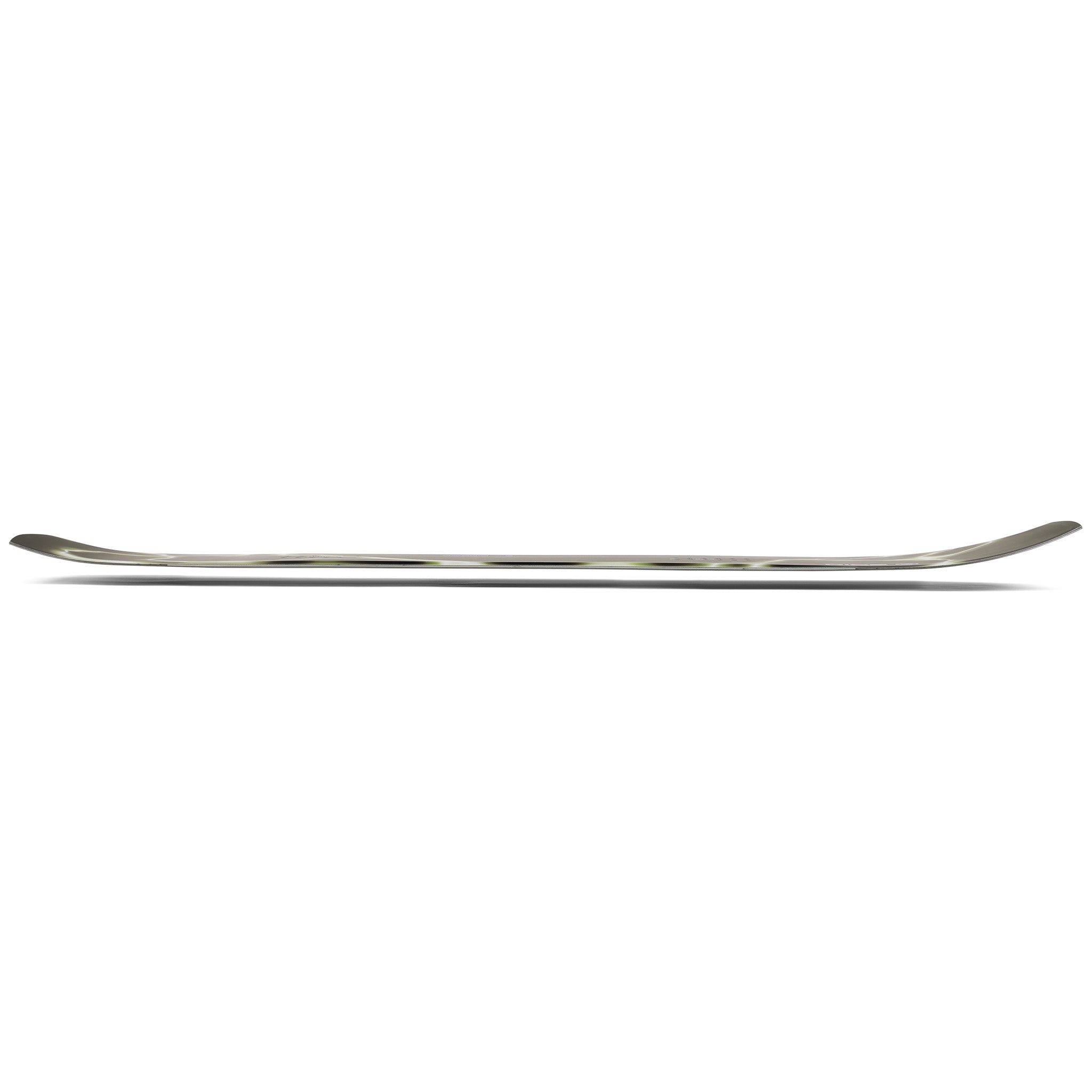 Ride Warpig Snowboard 2025 - A silver snowboard with a subtle black pattern on its top surface, viewed from the side at an angle.