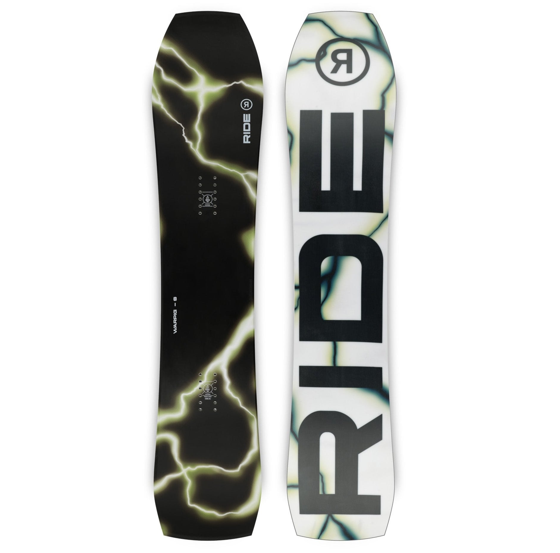 Ride Warpig Snowboard 2025 - A black snowboard with white lightning bolt-like pattern and a small logo at the top center.