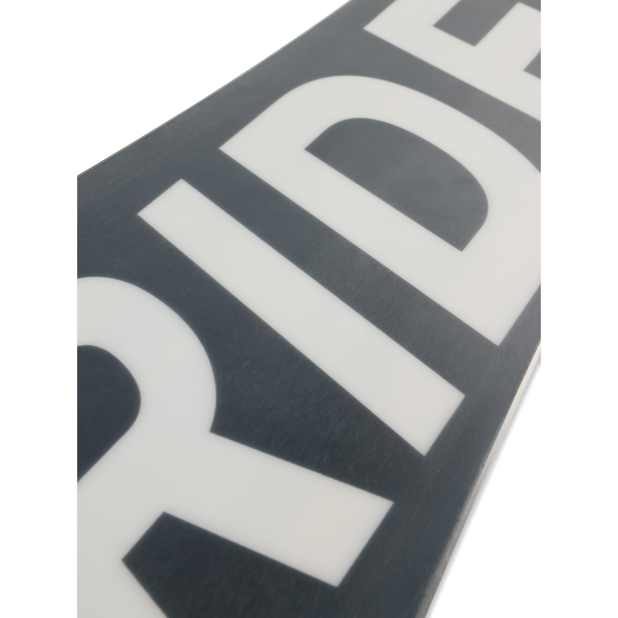 Ride Zero Snowboard 2025 - A black snowboard with white lettering, featuring a bold font and a sleek design.