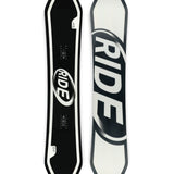 Ride Zero Snowboard 2025 - Black snowboard with white lettering and logo on top surface.