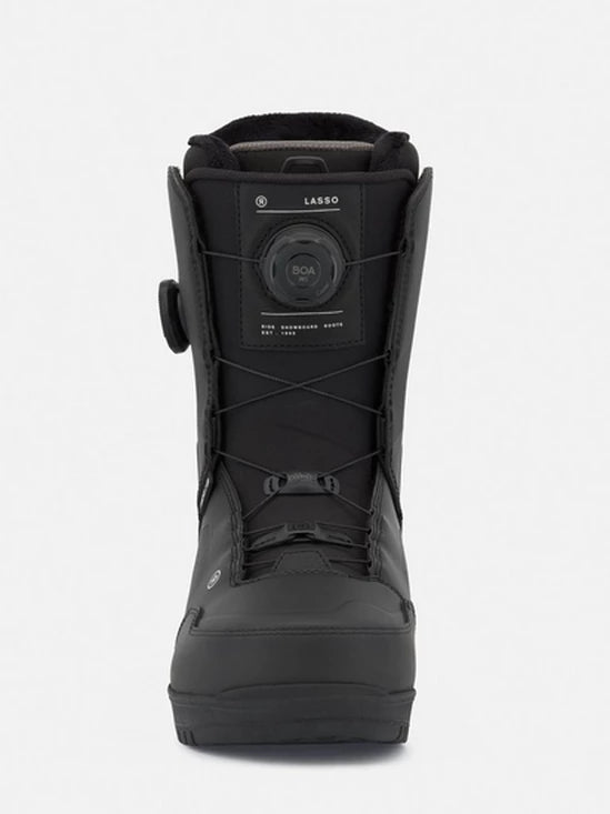 Black snowboard boots front view with BOA dial and double strap closure